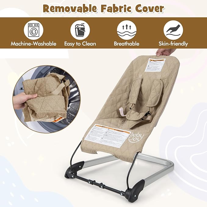 BABY JOY Baby Bouncer, Foldable Bouncer & Stationary Seat with 5-Point Safety Harness, Removable Fabric Cover, Portable Infant Bouncer Seat for Newborns Baby 0-6 Months (Beige)