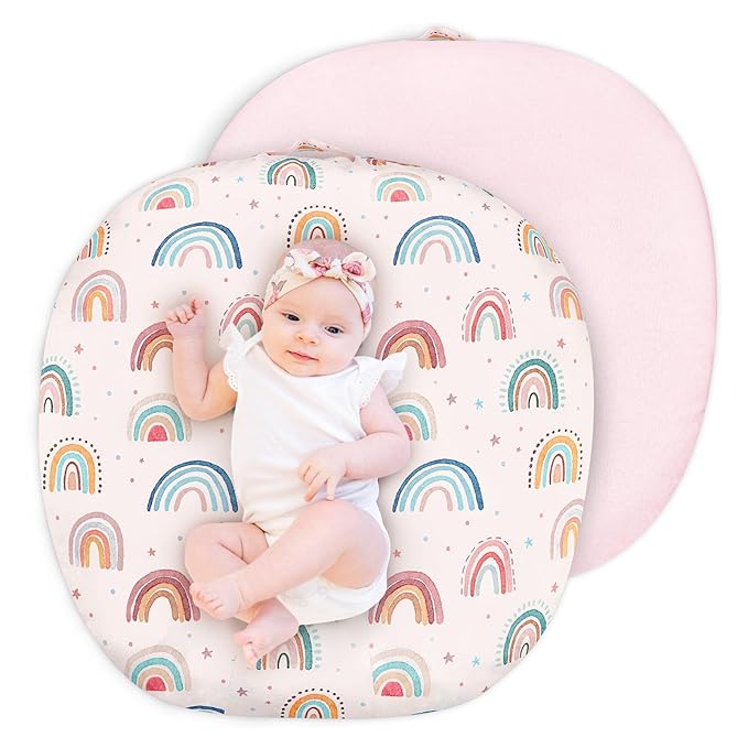 Newborn Lounger Cover for Girls Boys, Removable Soft Baby Lounger Cover, Reversible Infant Lounger Cover Minky, Pink Cute Rainbow (Only Cover)