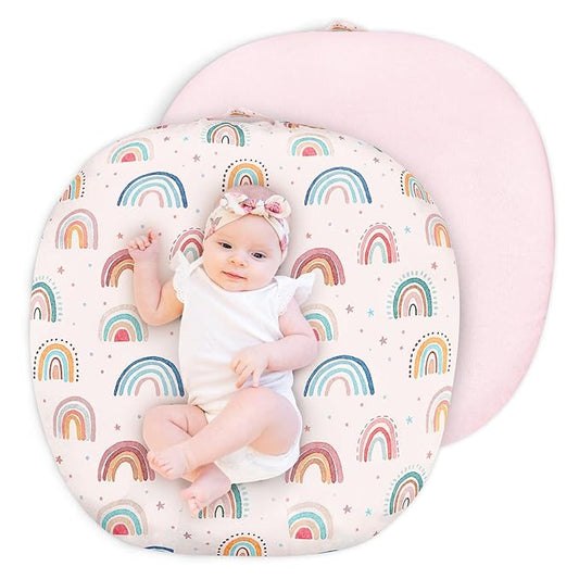Newborn Lounger Cover for Girls Boys, Removable Soft Baby Lounger Cover, Reversible Infant Lounger Cover Minky, Pink Cute Rainbow (Only Cover)