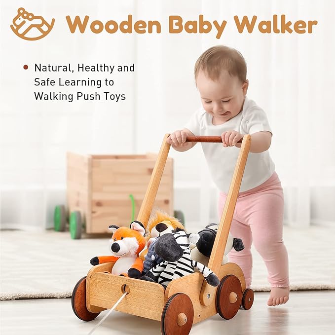 Woodtoe Wooden Baby Walker, Adjustable Speed Anti-Rollover Push Walker Toy for Babies Learning to Walk, Natural Toddler Push and Pull Toys Wagon, Montessori Birthday Toy Gift for Boy Girl 1 2 3 Years