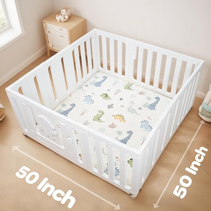 1.5" Thick Premium Baby Floor Play Mat, 50x50 Padded Memory Foam Mat, Tummy Time Crawling Playmat for Nursery Playroom Classroom, Dinosaurs