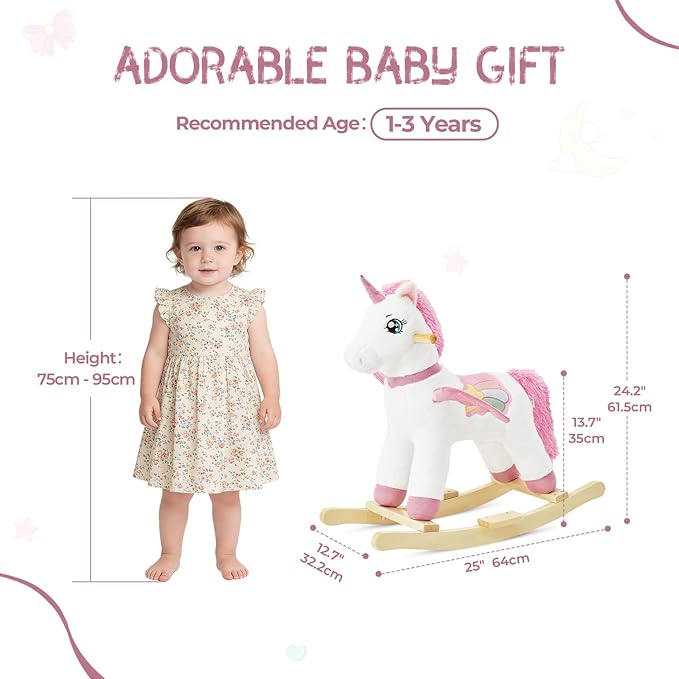 FUNLIO Unicorn Baby Rocking Horse for Toddlers 1-3 Years, Rainbow Fairy Unicorn Rocking Horse, Stuffed Ride-on Animal Rocker, Easy to Assemble, CPC & CE Certified-Small