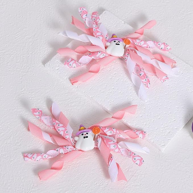 Halloween Ghost Korker Curly Ribbon Hair Bows for Girls, 4 Pcs Cute Pink Ghost Pigtails Hair Clip Barrettes for Baby Toddler Teen Women Trick or Treat Gift Costume Party Decor Accessory