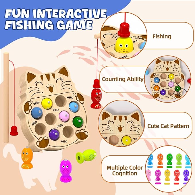 Wooden Magnetic Fishing Game for Toddlers 2-4, Montessori Sensory Busy Board Educational Learning Fine Motor Skills Toys for 2 3 4 Years Old Boys Girls
