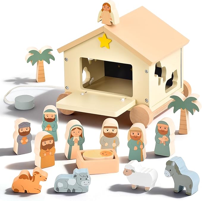 Wooden Nativity Set Montessori Toys for 1 Year Old - Baptism Gifts for Boys Girls - Religious Christening Gift - Bible Toys for Toddlers 1-3 House on Wheels Shape Sorter