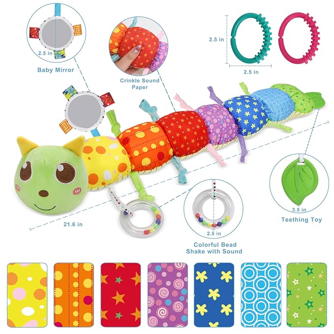 Baby Sensory Toy 0-12 Month with Mirror Crinkle Rattle, Infant Stuffed Plush Caterpillar Toy, Birthday Holiday Present for Newborn Boy Girl 0/3/4/6/7/8/9/12/18 Months Kids Toddler (Green Caterpillar)