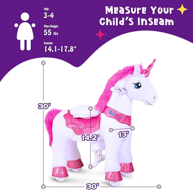PonyCycle Ride on Unicorn Ride on Toys for Girls Riding Pink Unicorn Rocking Horse Essential Model E (with Brake/ 30" Height/Size 3 for Age 3-4) Ride-on Animals Plush Pony Toys, E312