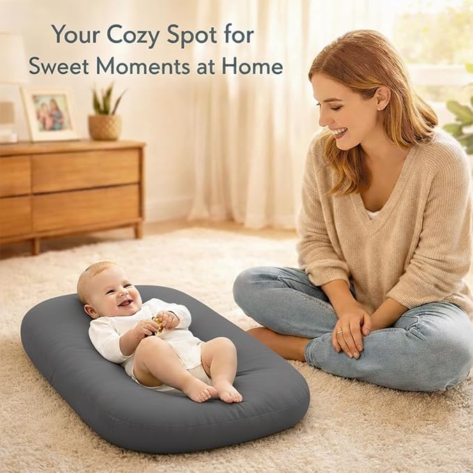 Baby Lounger for Newborn,Baby Play Mat Soft Cotton Breathable for Playtime & Awake-Time,Flat Babies Essentials Gifts 0-12 Months Home Travel(Dark Gray)