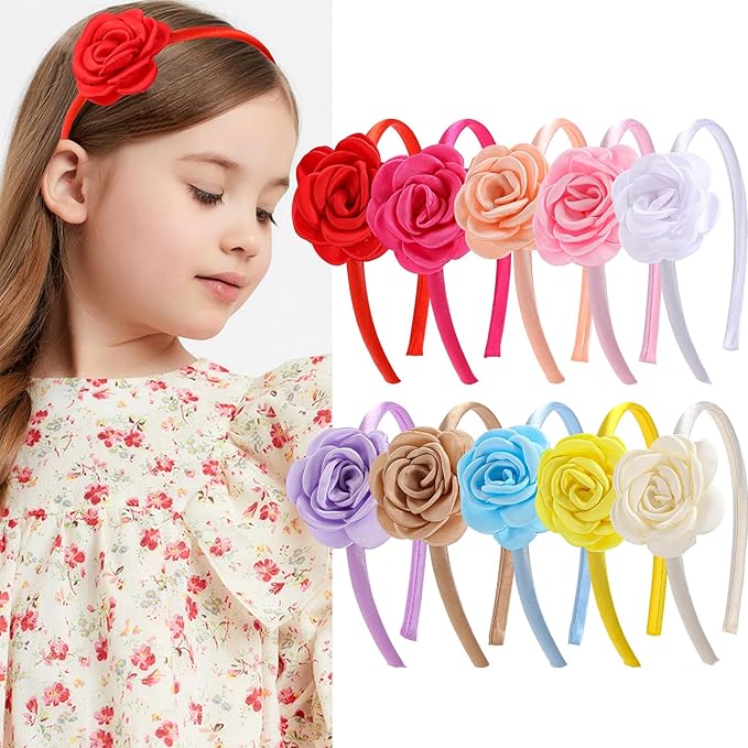 10pcs/set Fabric Rose Flower Headbands for Toddler Girls Floral Hairband Hoops Multiple Colors Flower Hair Accessories for Kids Teens