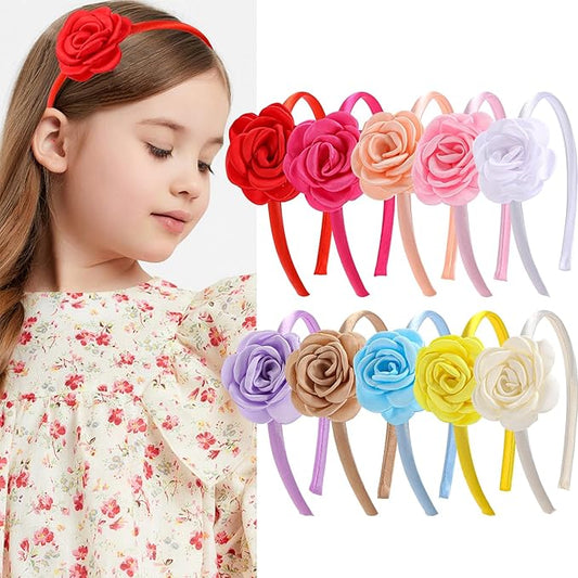 10pcs/set Fabric Rose Flower Headbands for Toddler Girls Floral Hairband Hoops Multiple Colors Flower Hair Accessories for Kids Teens