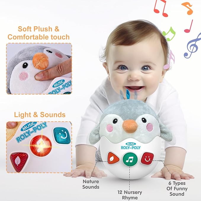 Baby Toys 0-6-12 Months, Plush Musical Toys, Cute Stuffed Animal Infant Toys with Light & Sounds, Roly-Poly Sensory Toy Birthday Gift for Newborn Boys & Girls