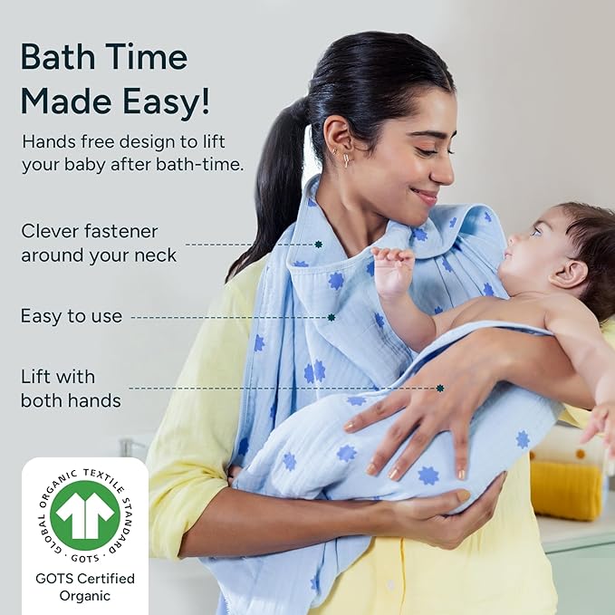 Hands-Free Hooded Towel - 100% Organic Premium Muslin Cotton, 30" x 30", Ultra-Absorbent, Soft, Breathable, Hypoallergenic, Multipurpose, Gifts for Babies & Infants