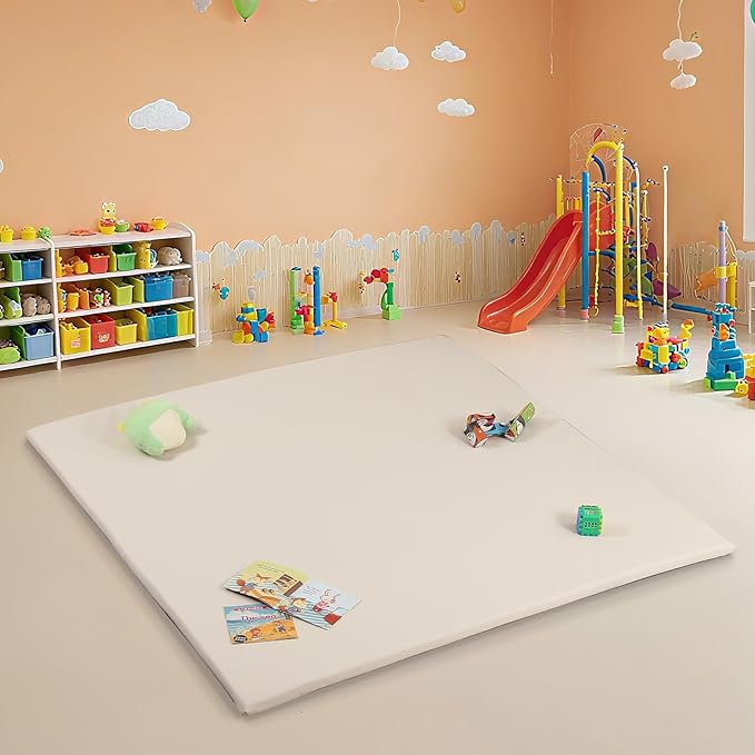 MOMCAYWEX 50"x50" Premium Baby Play Mat, Thick Memory Foam with Wipe-Clean Leather Cover, Non-Slip & Machine Washable Floor Mat for Tummy Time, Crawling and Family Bonding Time, Cream