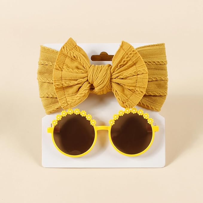 Baby Girls Soft Bows Headband and Daisy Flower Sunglasses Set Hair Bow Headwrap Hair Accessories for Toddler Infant