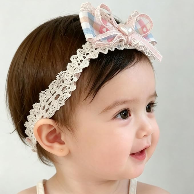 Baby Girls Hairbands Bow Lace Headband Handmade Soft Stretchy Pink Bowknot Hairbands Newborn Hairband with Bows Elastic Hair Bands for Kids Infant(Pink Blue Heart Bow