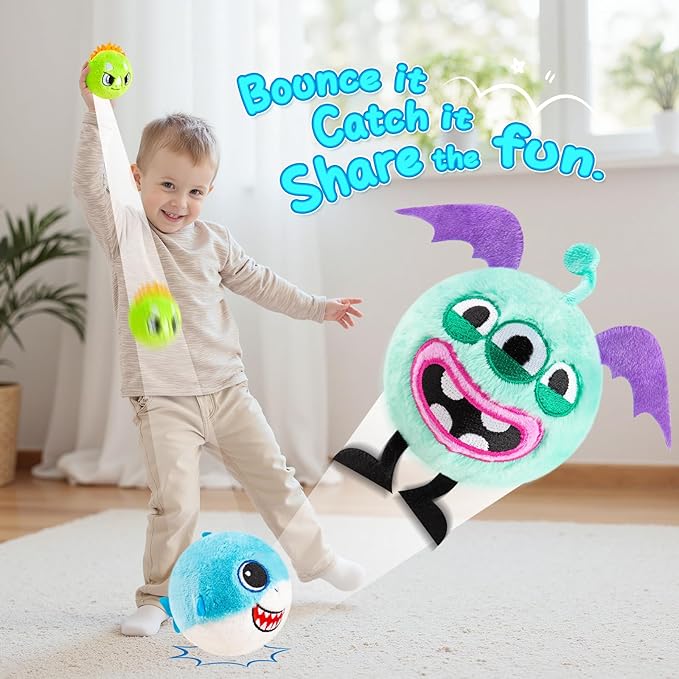 ZOOJOY 3 Pcs Plush Bouncy Balls for Toddlers 1-3, 3-Inch High Bounce Sensory Toys Featuring Dinosaur, Shark & Monster, Soft Game Balls Gift for Boys 6 Months+, Indoor & Outdoor Play