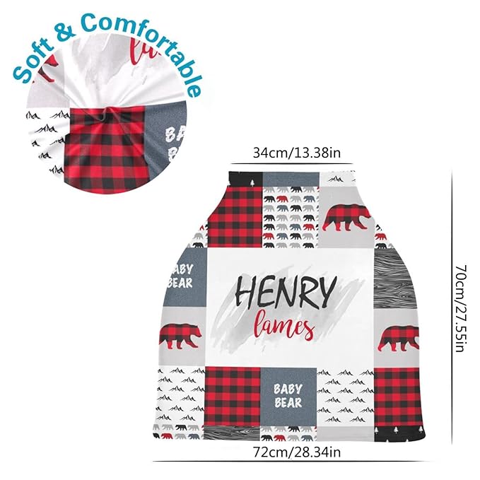 Personalized Baby Car Seat Covers with Name, Custom Woodland Bear Nursing Cover Breastfeeding Scarf for Babies, Carseat Canopy for Boys Girls, Infant Stroller Cover, Multiuse Carseat Cover