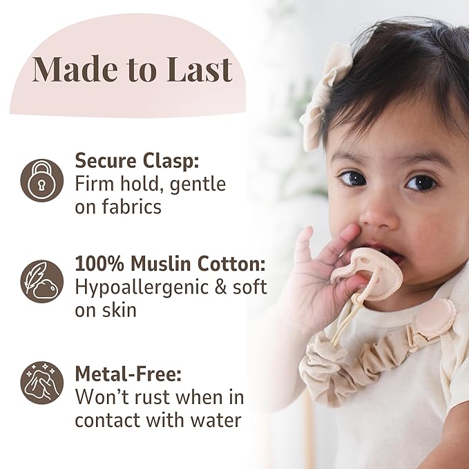 Muslin Cotton - Metal-Free Pacifier Clips, Lightweight and Secure Pacifier Holder for Babies (Beige Toile) - Mila & Lulu