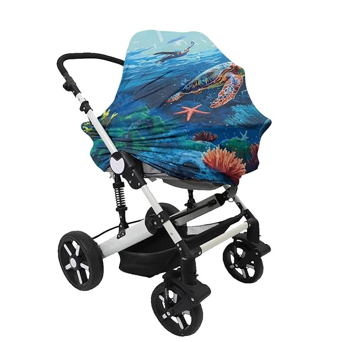 Ocean Car Seat Cover for Babies Sea Turtle Multi-Purpose Soft Rayon Nursing Cover for Breastfeeding,High Stretchy Infant Carseat Canopy Stroller Cover