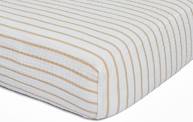 Meracorallo Muslin Mini Crib Sheet, Pack n Play Fitted Sheet, Soft and Breathable Pack and Play Playard Mattress Sheet for Baby Boys and Girls (Neutral Stripe)