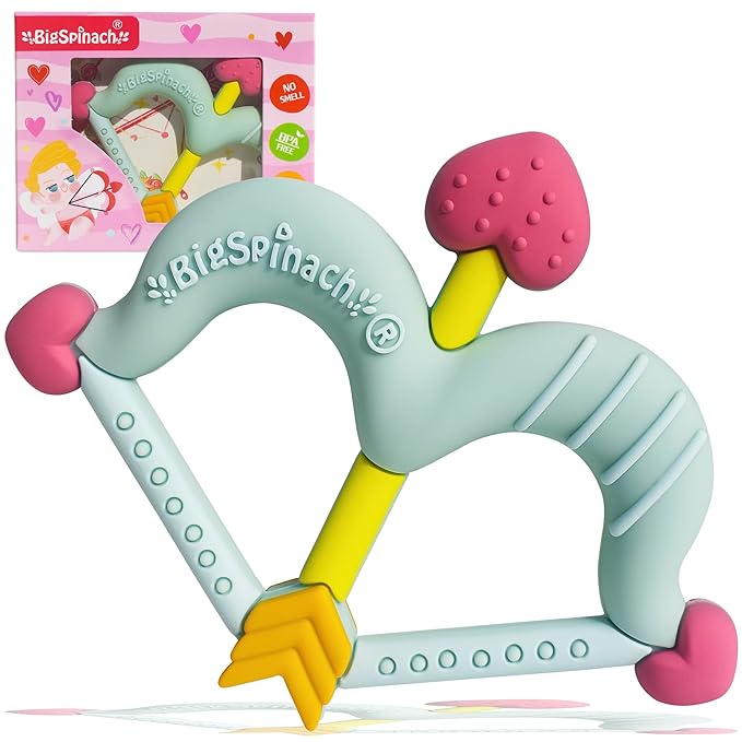 BIGSPINACH Teethers Heart Shape Silicone Baby Teether Toy Easy for Little Hands to Hold,Cupid Bow and Arrow Soft Teething Toy for Infants,Valentine's Gift for Girl or Boy (Green)