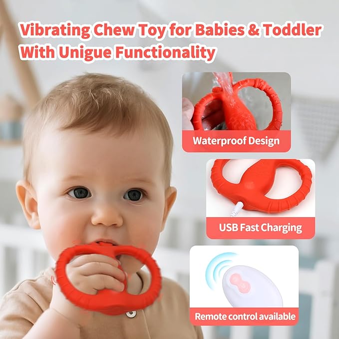 Vibrating Teether for Baby with Remote Control - Chewy Sensory Toy for Teething & Autism, 10-Speed Vibration Modes, USB Rechargeable, Food Grade Silicone Teether for Sensory Seekers (Red)
