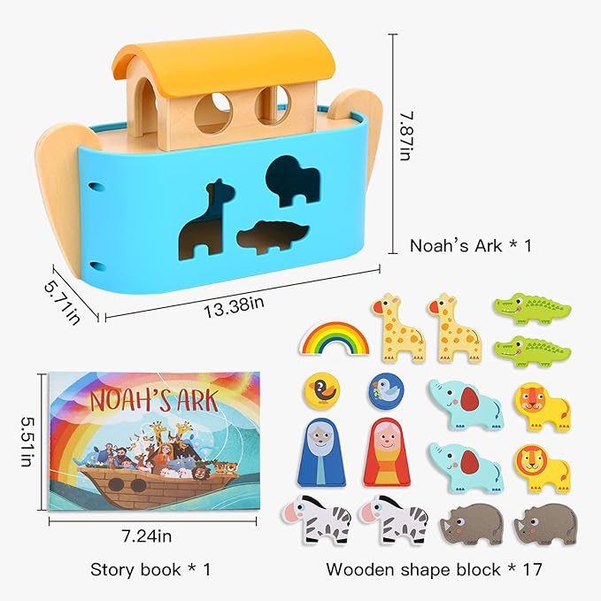 TOOKYLAND Noah's Ark Toys for Toddlers Wooden Animal Shape Sorter Toys, Baptism Gifts for Boys and Girls, Bible Story Toy with Story Book, Montessori Educational Toys for 2 3 4 Year Old