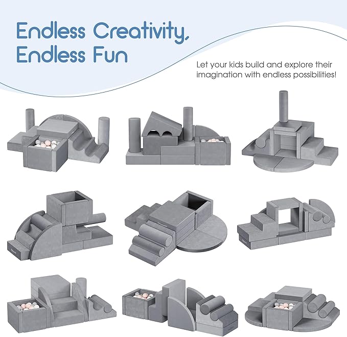 smilesun 12 PCS Foam Climbing Blocks for Toddlers with Ball Pit, Safe Soft Play Gym Set，Baby Kids' Indoor Playground Foam Blocks for Crawling, Climbing Motor Skills Development（Gray）