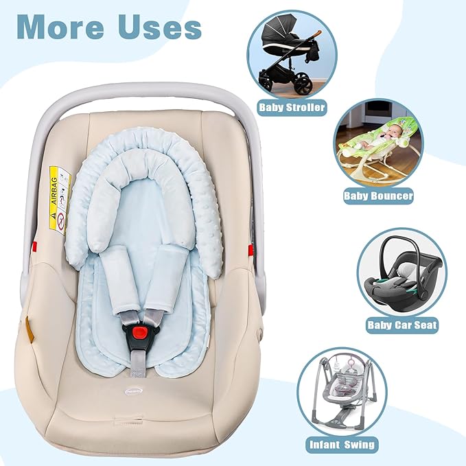 Infant Car Seat Insert, Baby Car Seat Head & Body Support with Straps Pads, Soft Newborn Preemie Carseat Insert Cushion for Girls Boys, Fits Carseat, Stroller, Swing, Bouncer, Light Blue