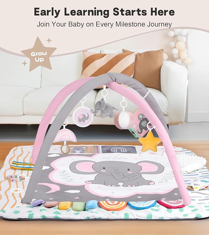 Baby Play Mat Activity Gym, 6 Developmental Zones Tummy Time Mat, 6 Detachable Sensory Toys and Educational Cards, Essential Baby Shower Set, Pink Elephant