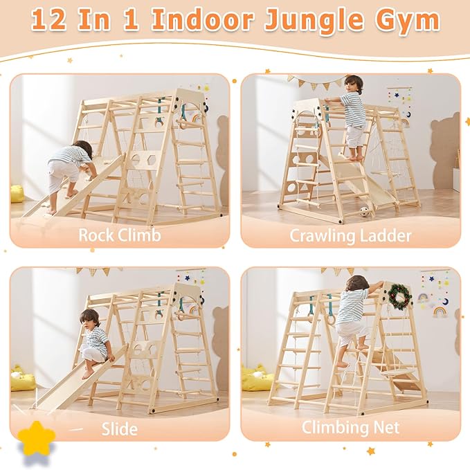 12-in-1 Toddler Playground - Foldable Kids Climbing Set with Slide, Rock/Net, Monkey Bars, Drawing Board, Swing and Pickler Set