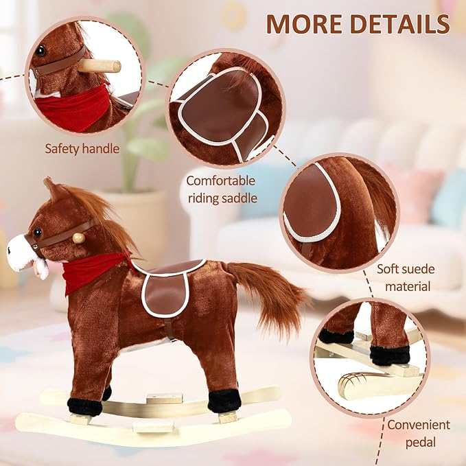 Rocking Horse for Toddlers Ages 1-6, Plush Ride On Toy with Sounds Moving Mouth & Wagging Tail, Interactive Wooden Rocker for Kids, Baby Rocking Chair Toys up to 120kg (Dark Brown Small)