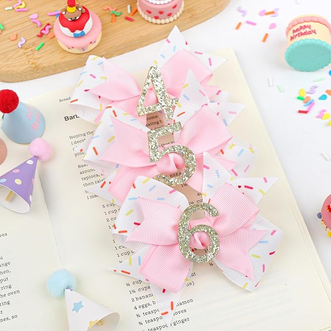 YanJie 1pcs 4'' Baby Hair Bow for 6 Years Old 6th Birthday Outfit Girl Birthday Decorations for Girl Glitter Infants Hair Clips Accessories with Bows