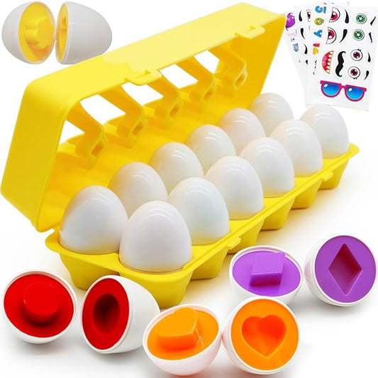 12 Pcs Plastic Easter Eggs Toys for Toddlers 1-3, Shape Sorter Puzzle Montessori Toys Color Matching Game Learning Activities Baby Easter Basket Stuffers Gifts for Kids 1 2 3 Year Old Girl Boy