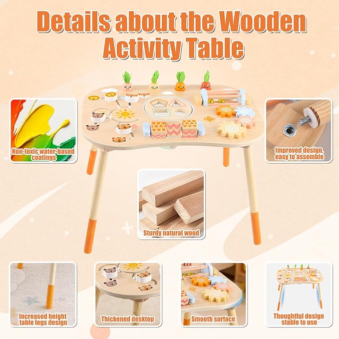 Wooden Activity Table for 1 Year Old Toddlers Sensory Table Activity Center 1-3 2 Baby Activity Table Kids Gift Game Wooden Montessori Table Shape Sorter Sensory Toys (Length*Height: 17"*11.8")