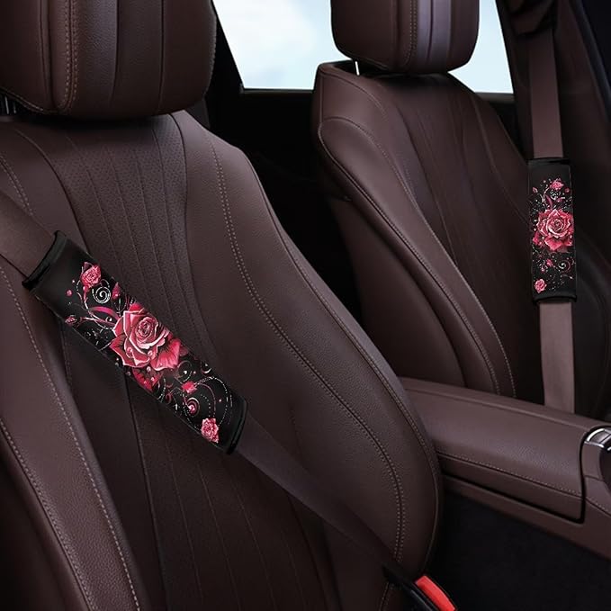 Biyejit Red Rose Car Accessories Seat Belt Covers Adult Seat Belt Shoulder Strap Covers for Women Girls Seatbelt Pads Universal Fit 2 Packs
