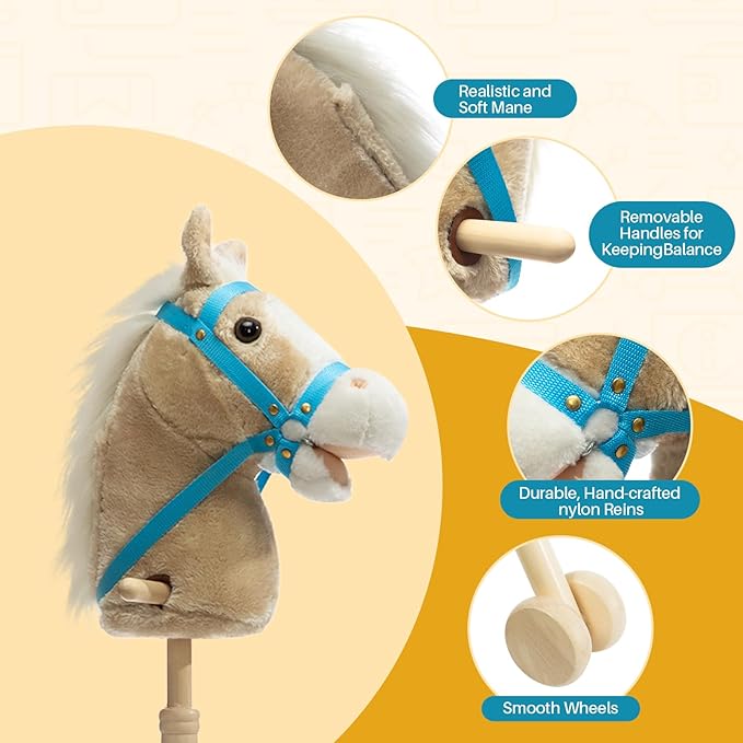 HollyHOME Stick Horse Plush Handcrafted Hobby Horse on a Stick with Wood Wheels Real Pony Neighing and Galloping Sounds for Kids Toddlers Beige 36 Inches(AA Batteries Required)