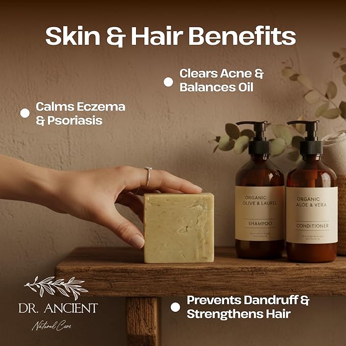Dr.Ancient Aleppo Laurel Soap Bar, Organic Soap Bars Handcrafted the Traditional Way, Natural Chemical-Free, Vegan, Used for Face Wash, Body Wash, Hand Cleansing and Daily Skin Care, Gentle Cleanser