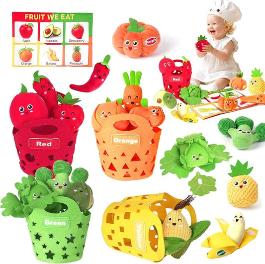 Baby Color Sorting Sensory Toys for 6-12 Months - 17 PCS Fruit Veggie Pretend Play Food Plush Toy for Toddlers 1-3, Montessori Toys for 1 Yeal Old, Boy Girl Birthday Gift Basket Stuffers