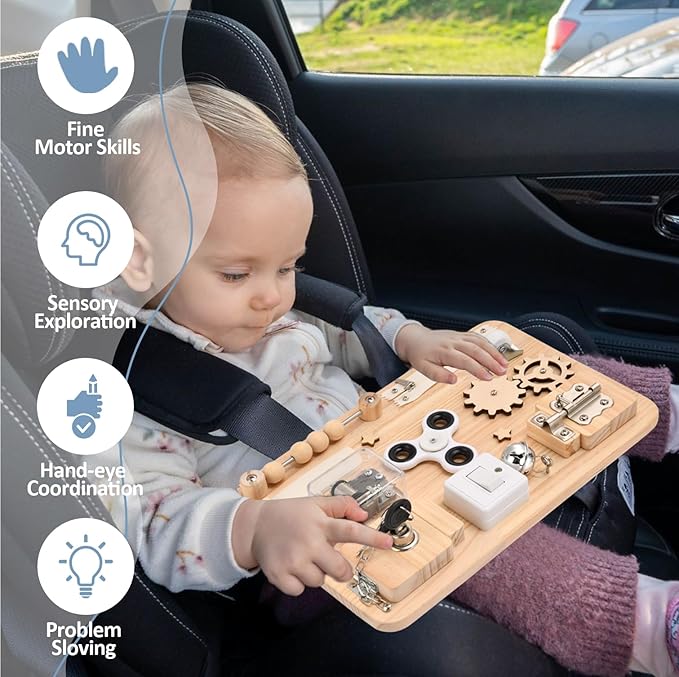 Potatomato Montessori Wooden Busy Board-Sensory Toys for Toddlers Fine Motor Skills-Activity Board for Kids-Educational Fidget Travel Toy for Baby Boy&Girl-Birthday Gifts