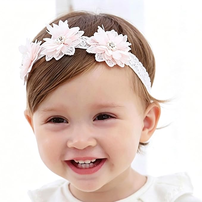 Baby Girls Hairband White Bow Lace Headbands Handmade Soft Stretchy Wide Head Band Newborn Hairbands with Bows Pearls Elastic Headband for Infant Hair Accessories（Three Pearl Flowers）