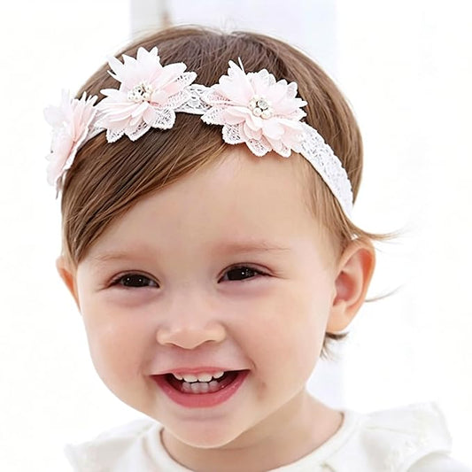 Baby Girls Hairband White Bow Lace Headbands Handmade Soft Stretchy Wide Head Band Newborn Hairbands with Bows Pearls Elastic Headband for Infant Hair Accessories（Three Pearl Flowers）