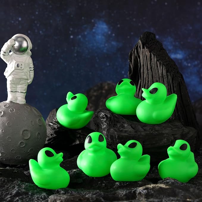 Leyndo 24 Pcs Alien Rubber Duck Bulk for Gifts Alien Birthday Party Supplies Squeaky Green Duck for Adults Floating Pool Bathtub Party Supplies