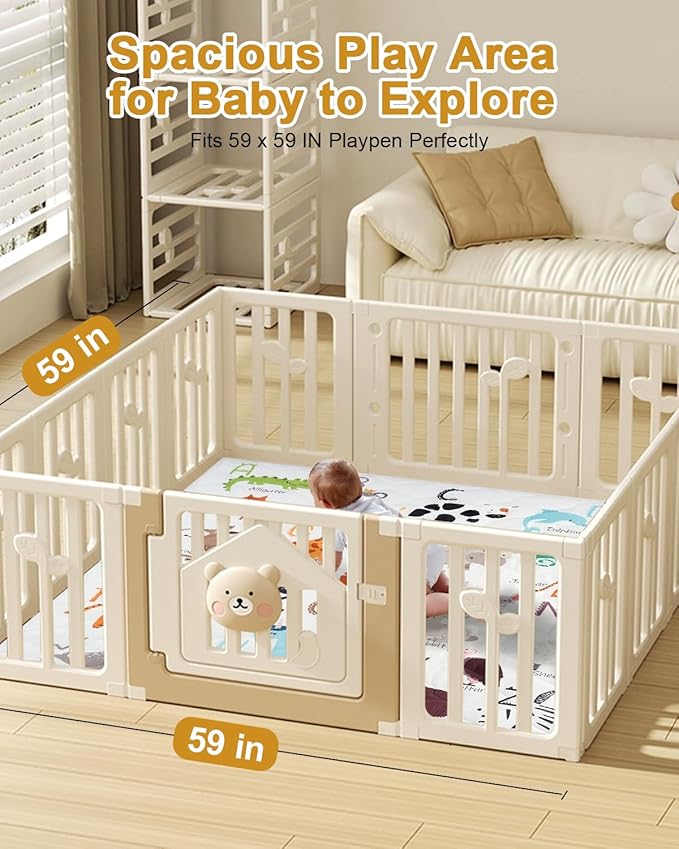 TINYHARBO Premium Foam Baby Play Mat 59" x 59" – Removable & Machine Washable Cover, Extra Thick Padding Playpen Mat, Non-Slip Crawling Mat, Easy to Clean for Infants, Toddlers & Babies