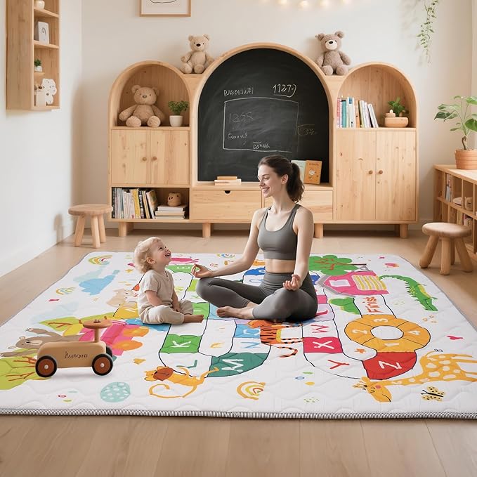 Baby Play Mat for Floor,71x59 Inch Soft Padding Crawling Mat, Foldable and Machine Washable, Thick for Babies & Toddlers,Animal School