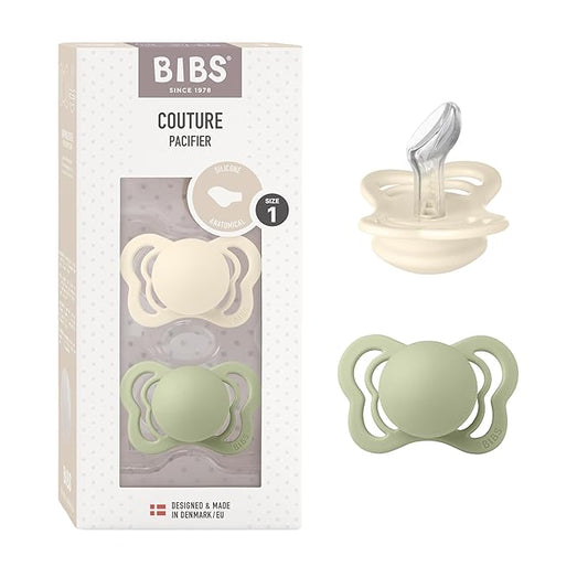 BIBS Pacifiers - Couture Collection | BPA-Free Anatomical Nipple | Silicone | Made in Denmark | Set of 2 Ivory/Sage Color Premium Soothers | Size 0-6 Months