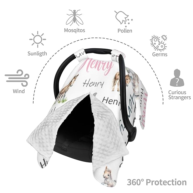 Personalized Baby Car Seat Cover Custom Name CarSeat Canopy Customized Horse Newborn Nursing Breastfeeding Cover Minky Baby Blanket Infant Car Seat Canopies for Baby Girls Boys