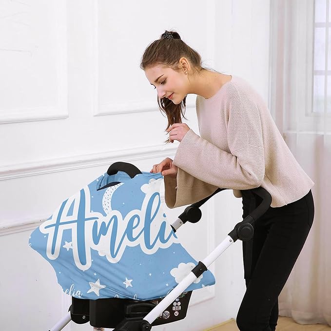 Custom Car Seat Covers for Babies - Breathable Baby Car Seat Cover for Girls Boys, Kick-Proof Newborn Carrier Light Blue Star Canopy Stretchy Stroller Cover for 4 Seasons