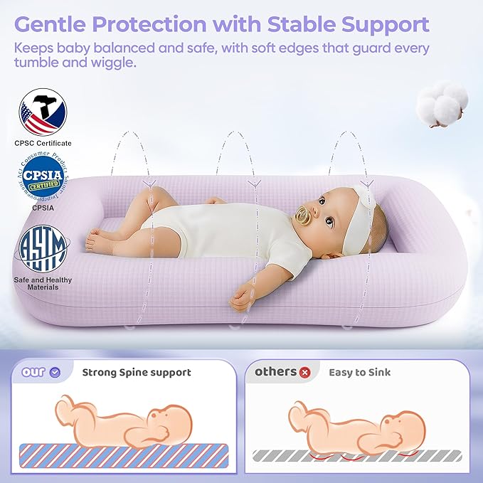 Baby Lounger for Newborn - Infant Lounger 0-24 Months with Lounger Cover, Adjustable Baby Nest Lounger, Breathable Fabric & 3D Support Newborn Lounger, Portable Newborn Essentials, Pink