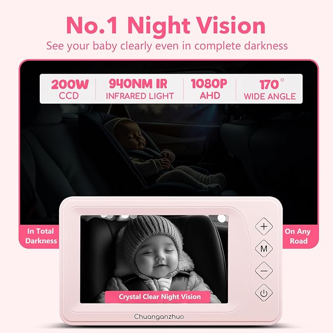 Baby Car Camera with NO.1 Night Vision, 3X Zoom, USB Powered, 5'' HD 1080P IPS Crystal-Clear Car Baby Monitor, Backseat/Carseat Camera for Kids Infants Rear Facing, S100U Light Pink